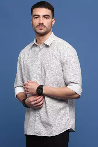 men's white geometric slim fit shirt