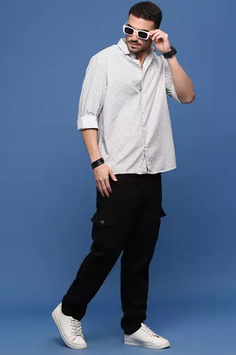 men's white geometric slim fit shirt