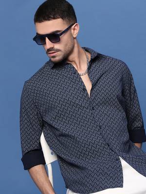 men's navy blue geometric slim fit shirt 1
