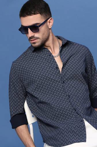 men's navy blue geometric slim fit shirt