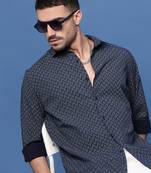 men's navy blue geometric slim fit shirt