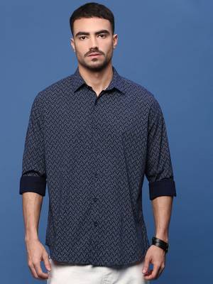 men's navy blue geometric slim fit shirt 2