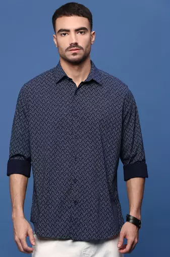 men's navy blue geometric slim fit shirt