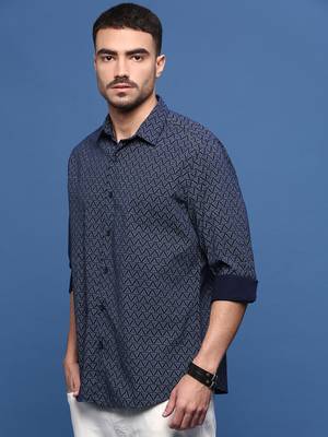 men's navy blue geometric slim fit shirt 3