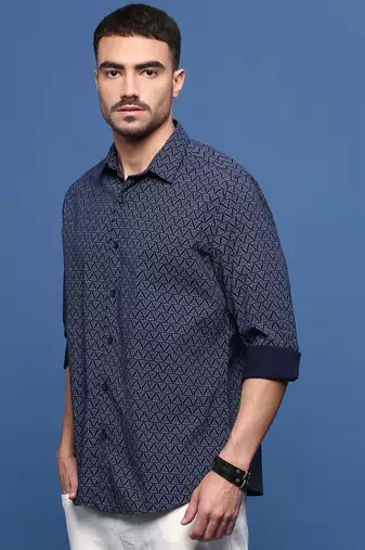 men's navy blue geometric slim fit shirt