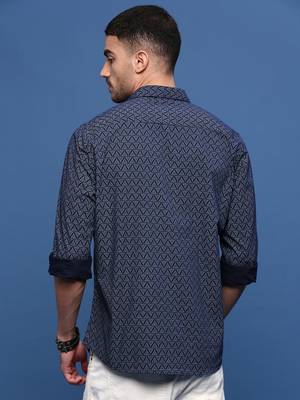 men's navy blue geometric slim fit shirt 4