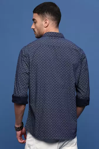 men's navy blue geometric slim fit shirt