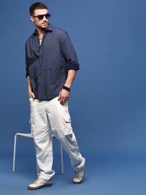 men's navy blue geometric slim fit shirt 5
