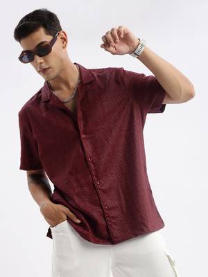 men's cuban collar solid relaxed fit maroon shirt 1