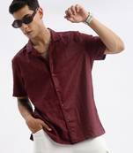 men's cuban collar solid relaxed fit maroon shirt