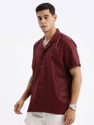 men's cuban collar solid relaxed fit maroon shirt 3