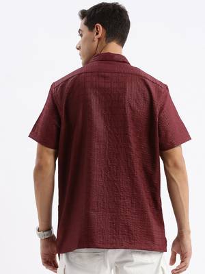 men's cuban collar solid relaxed fit maroon shirt 4