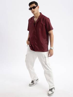 men's cuban collar solid relaxed fit maroon shirt 5