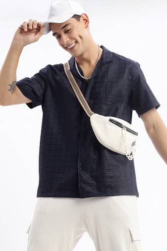men's cuban collar solid relaxed fit black shirt