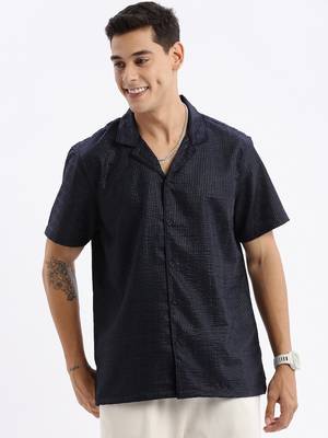 men's cuban collar solid relaxed fit black shirt 2
