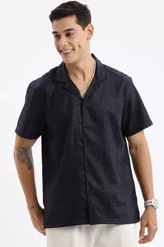 men's cuban collar solid relaxed fit black shirt