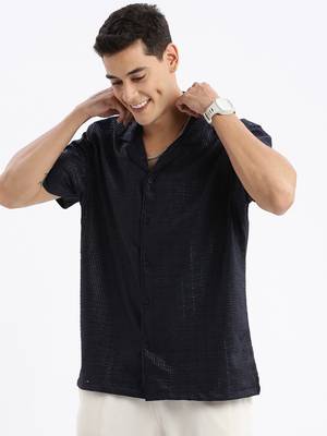 men's cuban collar solid relaxed fit black shirt 3