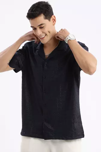 men's cuban collar solid relaxed fit black shirt