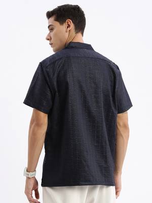 men's cuban collar solid relaxed fit black shirt 4