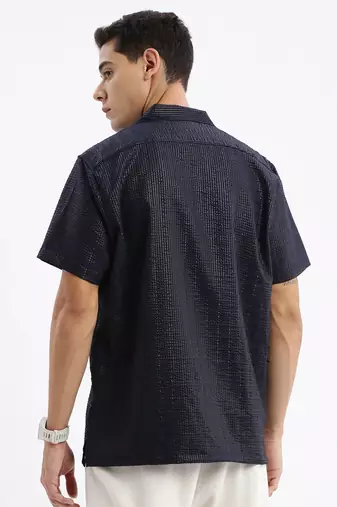 men's cuban collar solid relaxed fit black shirt