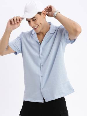 men's cuban collar solid relaxed fit blue shirt 1