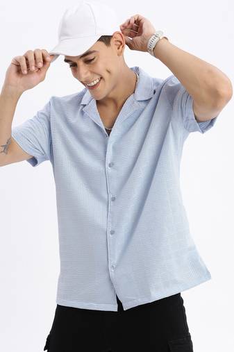 men's cuban collar solid relaxed fit blue shirt