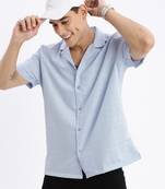 men's cuban collar solid relaxed fit blue shirt