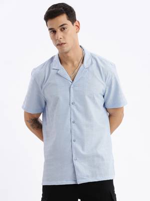 men's cuban collar solid relaxed fit blue shirt 2