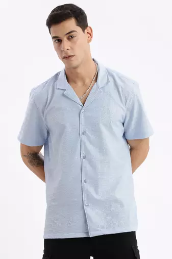 men's cuban collar solid relaxed fit blue shirt