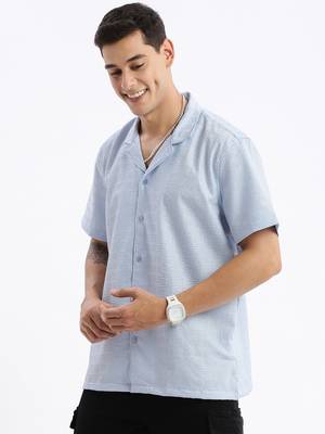 men's cuban collar solid relaxed fit blue shirt 3