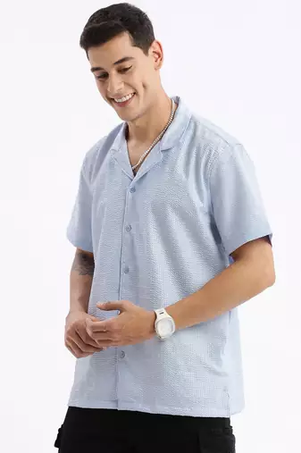 men's cuban collar solid relaxed fit blue shirt