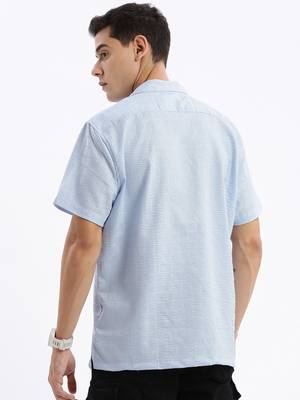 men's cuban collar solid relaxed fit blue shirt 4