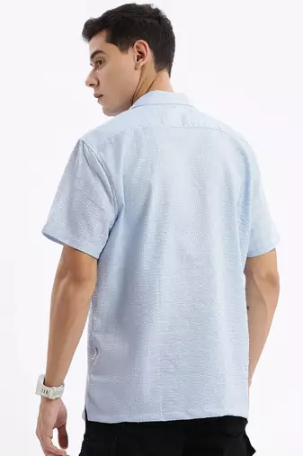 men's cuban collar solid relaxed fit blue shirt