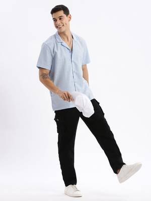men's cuban collar solid relaxed fit blue shirt 5