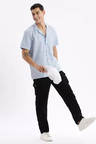 men's cuban collar solid relaxed fit blue shirt