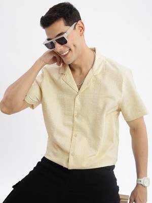 men's cuban collar solid relaxed fit yellow shirt 1
