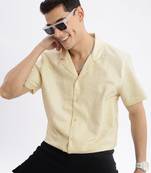men's cuban collar solid relaxed fit yellow shirt