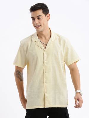 men's cuban collar solid relaxed fit yellow shirt 2