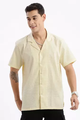 men's cuban collar solid relaxed fit yellow shirt