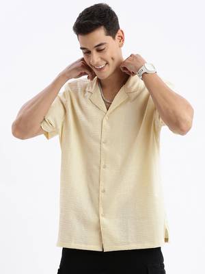 men's cuban collar solid relaxed fit yellow shirt 3