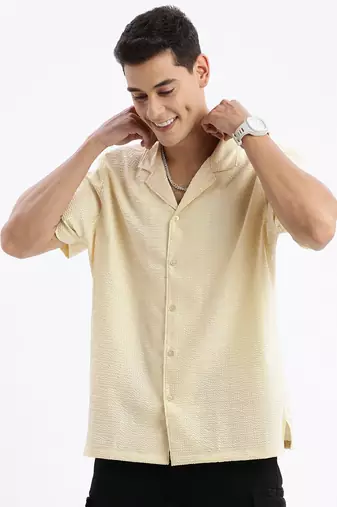 men's cuban collar solid relaxed fit yellow shirt