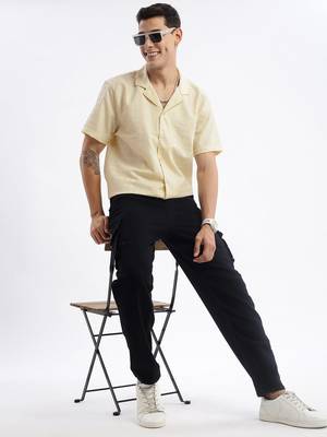 men's cuban collar solid relaxed fit yellow shirt 5