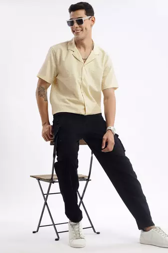 men's cuban collar solid relaxed fit yellow shirt