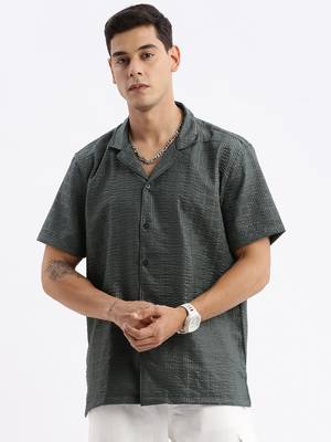 men's cuban collar solid relaxed fit green shirt 2