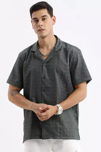 men's cuban collar solid relaxed fit green shirt