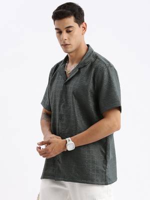 men's cuban collar solid relaxed fit green shirt 3