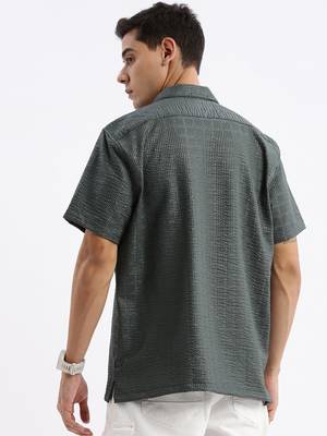 men's cuban collar solid relaxed fit green shirt 4