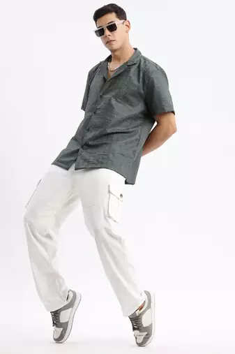 men's cuban collar solid relaxed fit green shirt