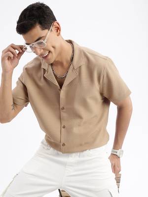 men's cuban collar solid relaxed fit khaki shirt 1