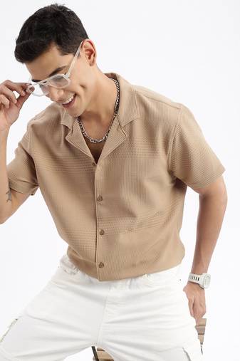 men's cuban collar solid relaxed fit khaki shirt